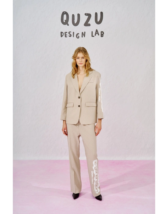 Paçası Yazılı Beli Lastikli Çizgili Pantolon Bej