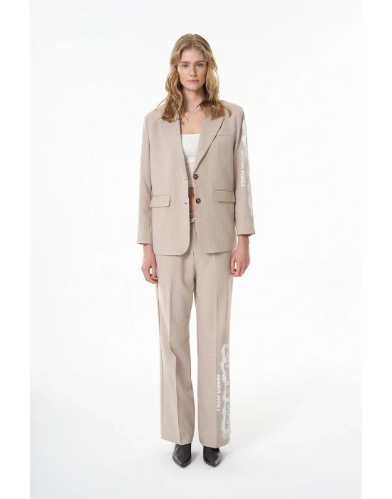 Paçası Yazılı Beli Lastikli Çizgili Pantolon Bej