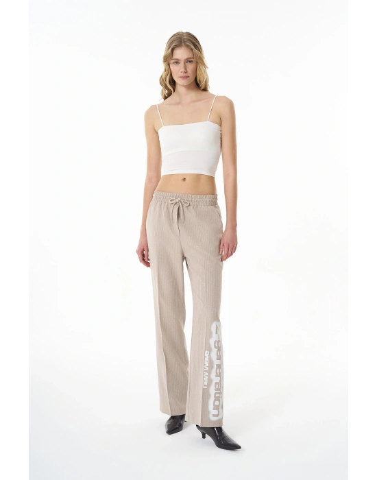 Paçası Yazılı Beli Lastikli Çizgili Pantolon Bej