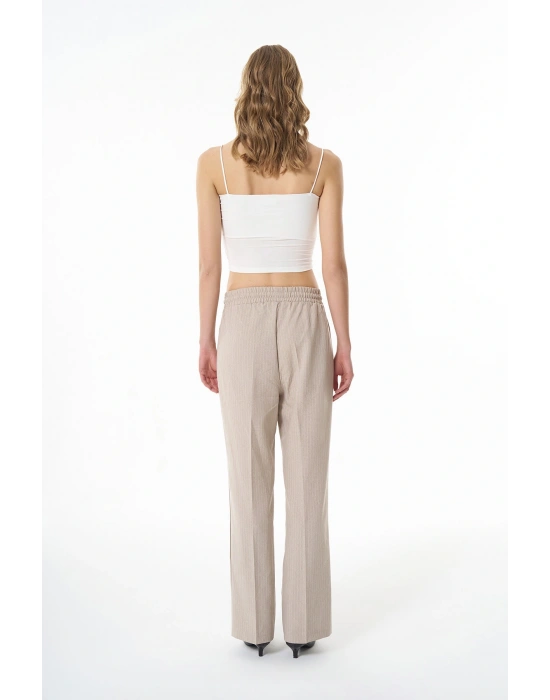 Paçası Yazılı Beli Lastikli Çizgili Pantolon Bej