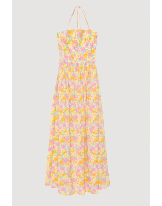 Sırt Dekolteli Çiçekli Uzun Elbise Pembe