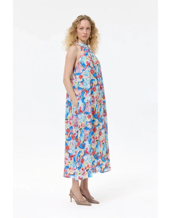 Halter Yaka Çiçek Desenli Uzun Elbise Mavi