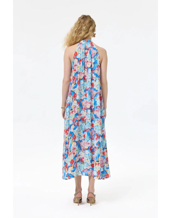 Halter Yaka Çiçek Desenli Uzun Elbise Mavi