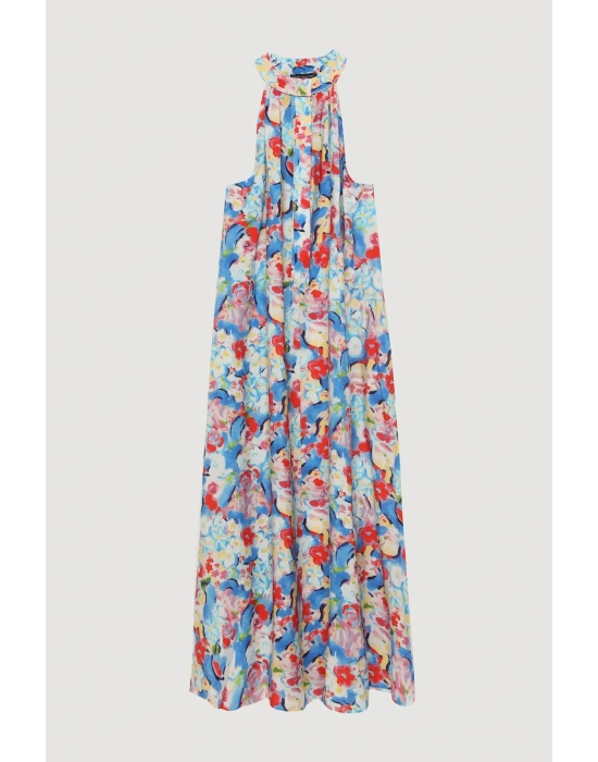 Halter Yaka Çiçek Desenli Uzun Elbise Mavi