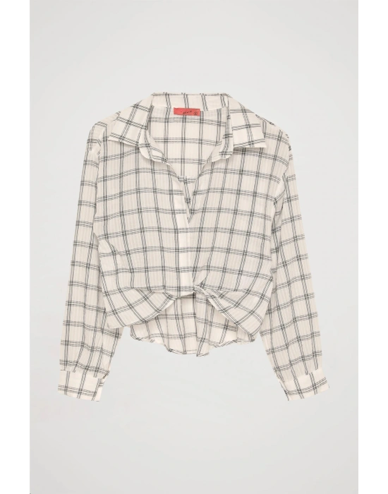 Ekose Çizgili Bağlamalı Gömlek Ekru