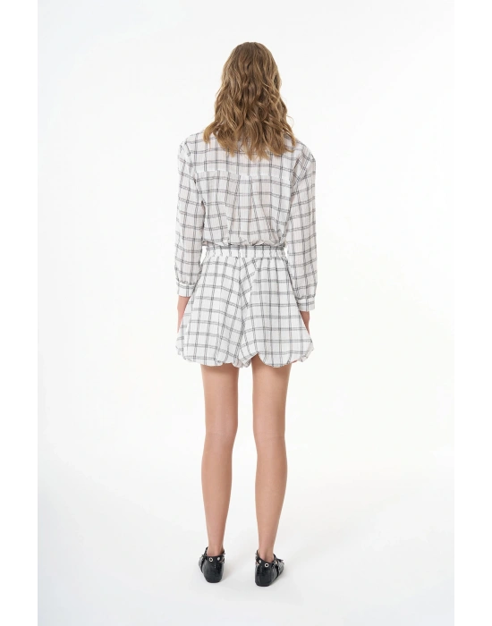 Ekose Çizgili Bağlamalı Gömlek Ekru