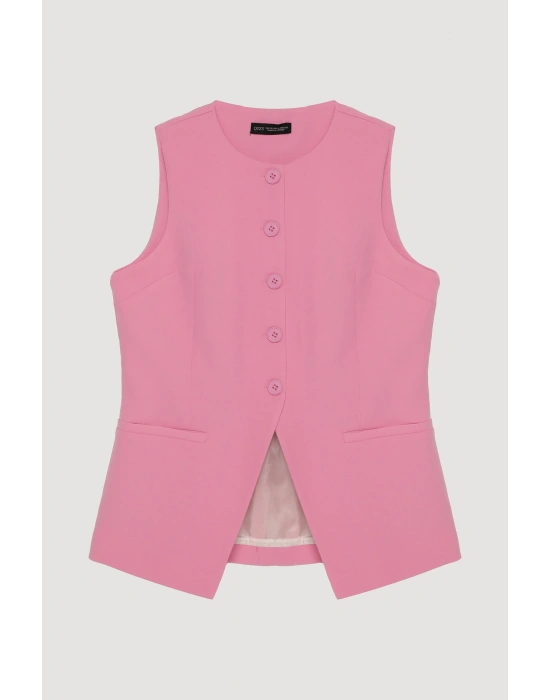 Düğmeli V Kesim Kolsuz Yelek Pembe