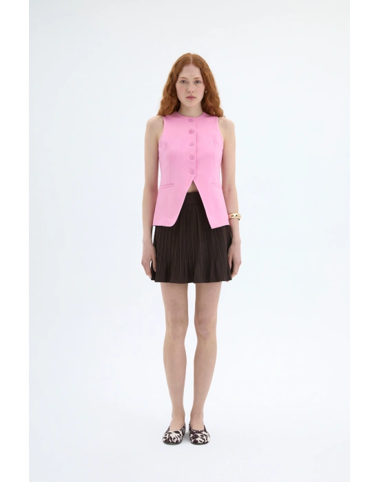 Düğmeli V Kesim Kolsuz Yelek Pembe