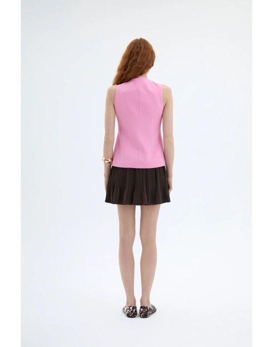 Düğmeli V Kesim Kolsuz Yelek Pembe