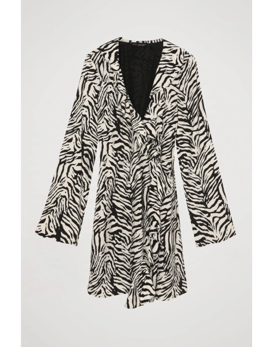 Zebra Desenli Bağlamalı Mini Elbise Siyah