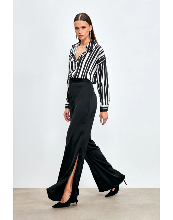 Yırtmaç Detaylı Saten Pantolon - Siyah