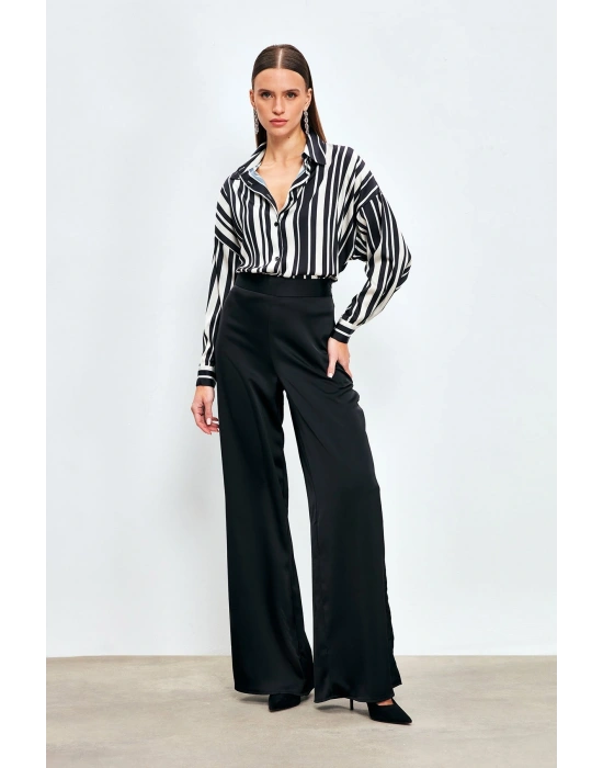 Yırtmaç Detaylı Saten Pantolon - Siyah