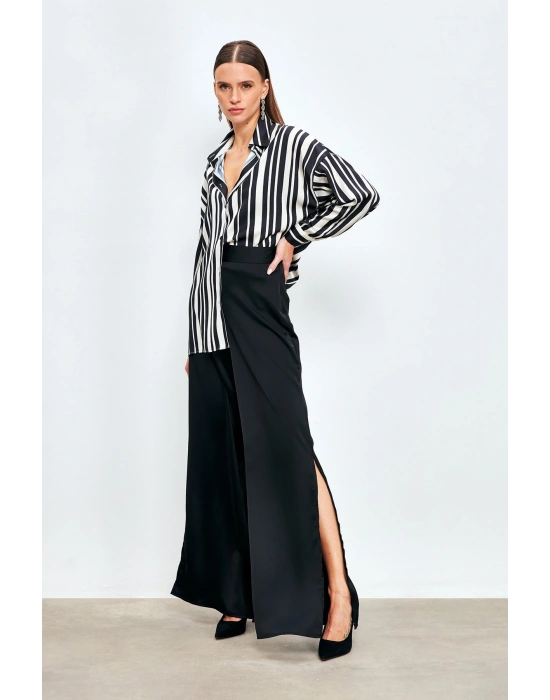 Yırtmaç Detaylı Saten Pantolon - Siyah