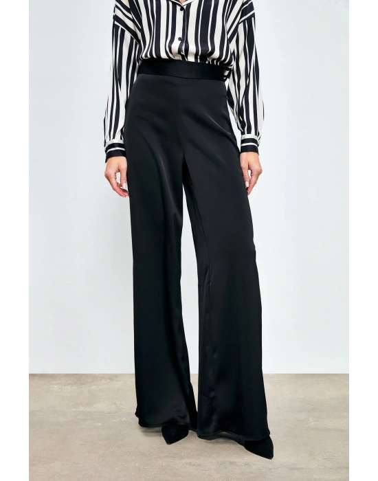 Yırtmaç Detaylı Saten Pantolon - Siyah