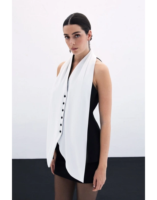 Şal Detaylı Yelek - Siyah