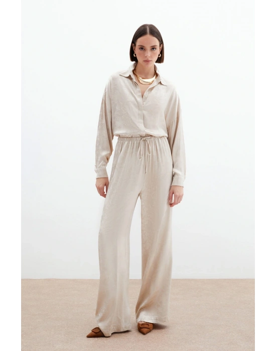 Jakarlı Saten Pantolon - Bej