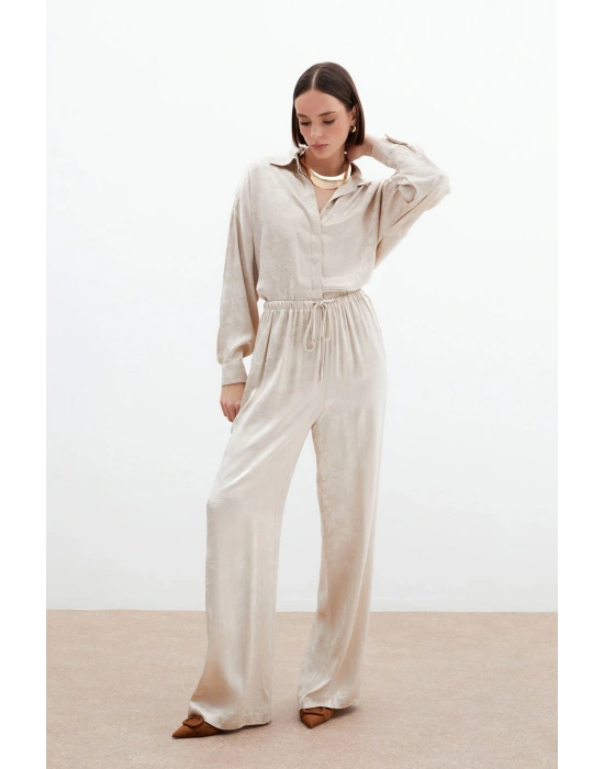 Jakarlı Saten Pantolon - Bej