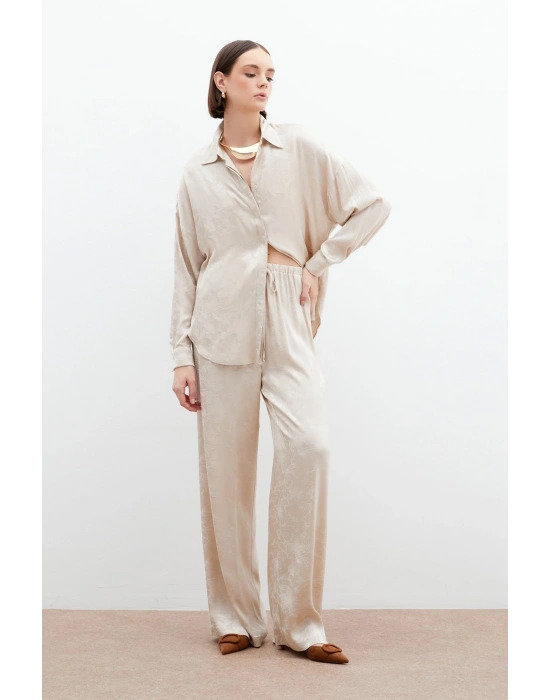 Jakarlı Saten Pantolon - Bej