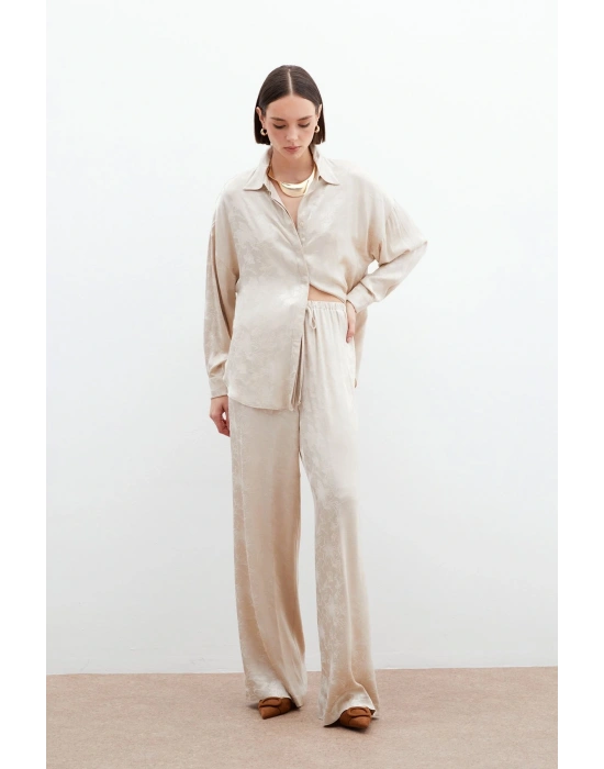 Jakarlı Saten Pantolon - Bej