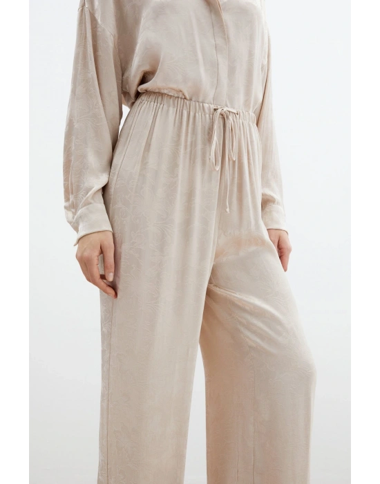 Jakarlı Saten Pantolon - Bej