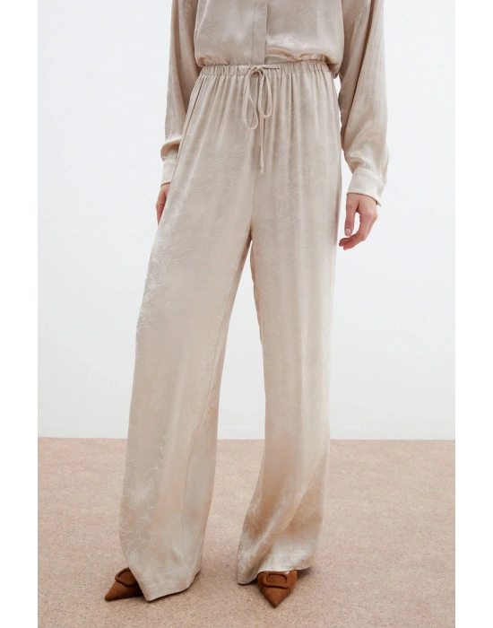 Jakarlı Saten Pantolon - Bej