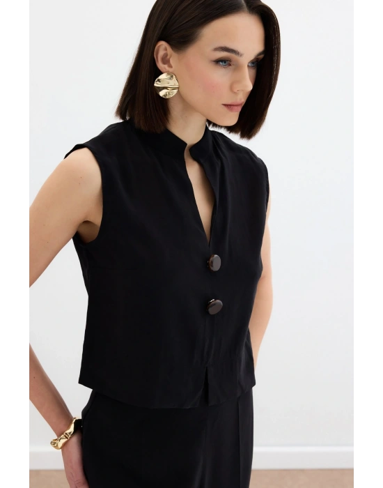 Süs Düğme Detaylı Bluz - Siyah