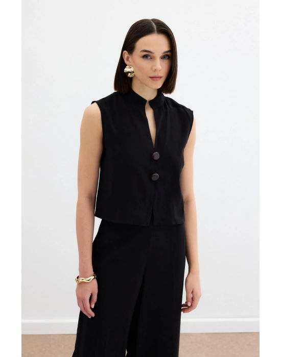 Süs Düğme Detaylı Bluz - Siyah