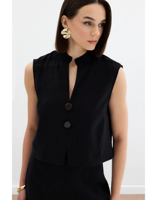 Süs Düğme Detaylı Bluz - Siyah