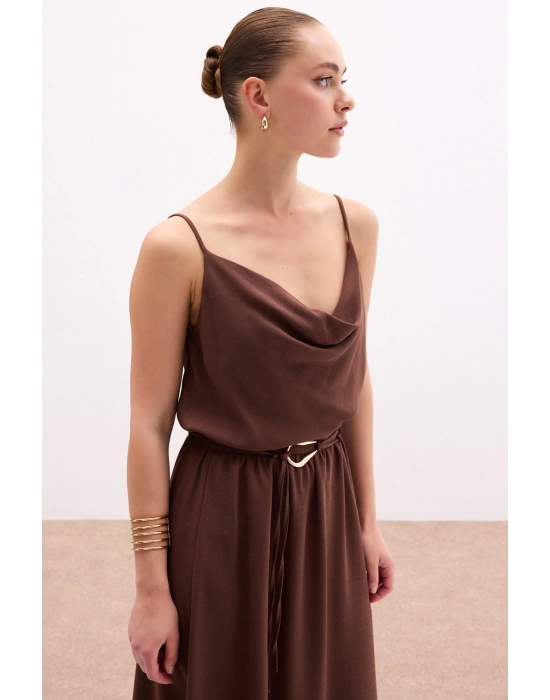 Degaje Yaka Dökümlü Bluz - Kahve