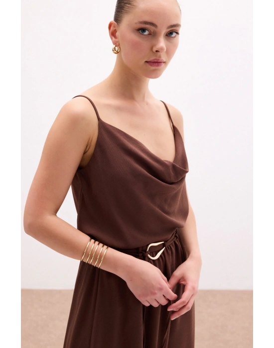 Degaje Yaka Dökümlü Bluz - Kahve