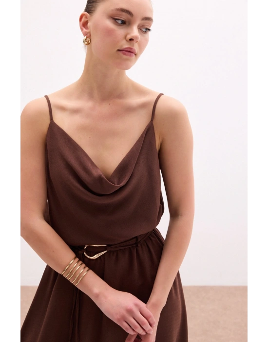 Degaje Yaka Dökümlü Bluz - Kahve