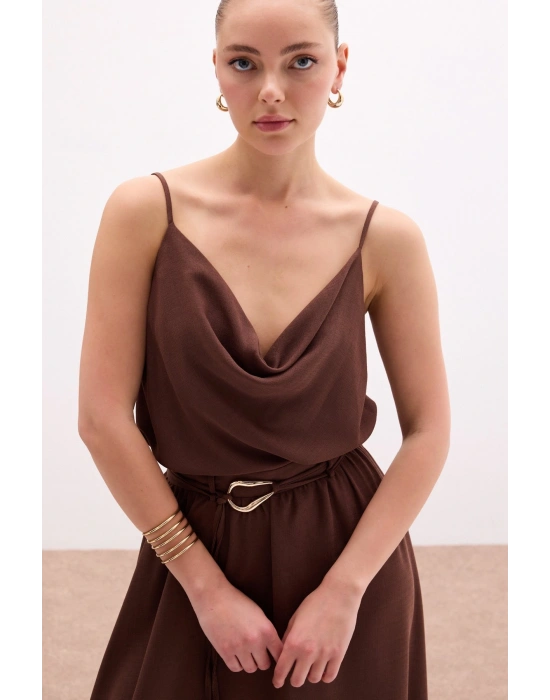 Degaje Yaka Dökümlü Bluz - Kahve