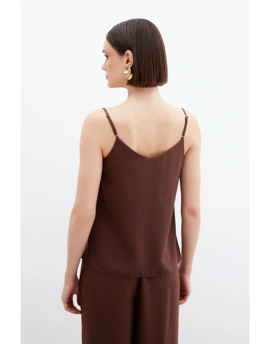 Degaje Yaka Dökümlü Bluz - Kahve