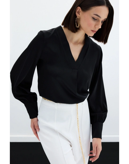 V Yaka Saten Bluz - Siyah