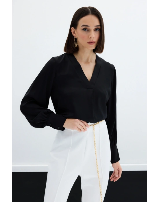 V Yaka Saten Bluz - Siyah