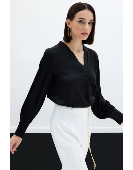 V Yaka Saten Bluz - Siyah