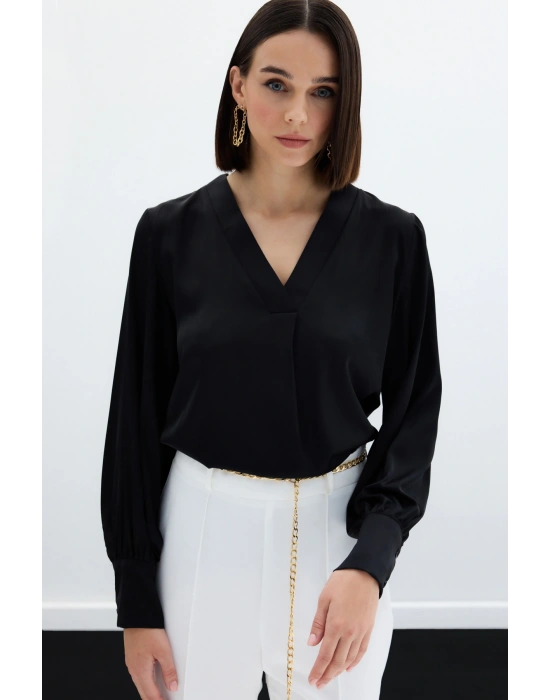 V Yaka Saten Bluz - Siyah