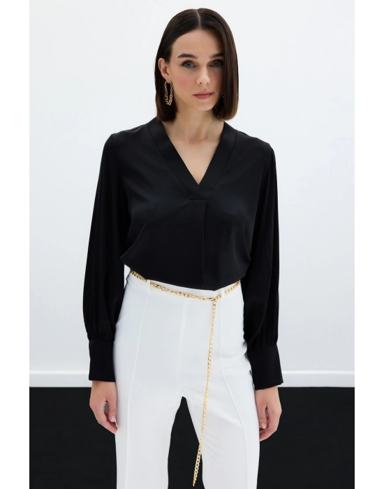V Yaka Saten Bluz - Siyah