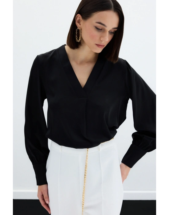 V Yaka Saten Bluz - Siyah