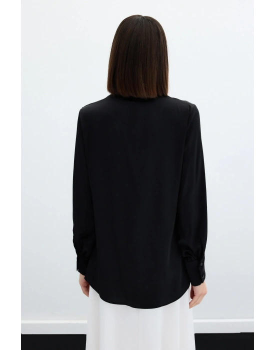 V Yaka Saten Bluz - Siyah