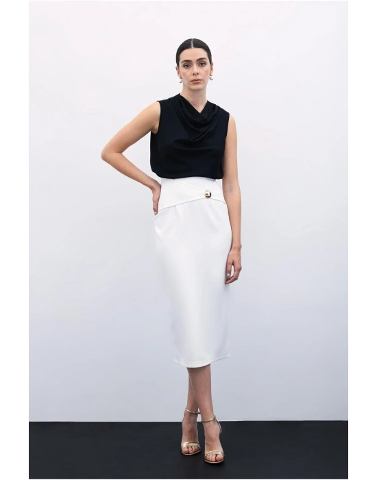 Toka Detaylı Kalem Etek - Ekru