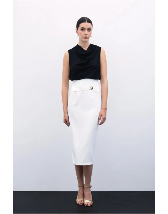 Toka Detaylı Kalem Etek - Ekru