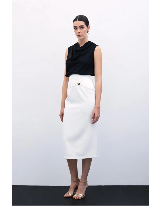 Toka Detaylı Kalem Etek - Ekru