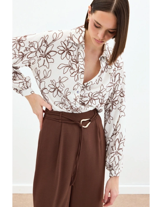Çiçek Nakışlı Viskon Gömlek - Kahve
