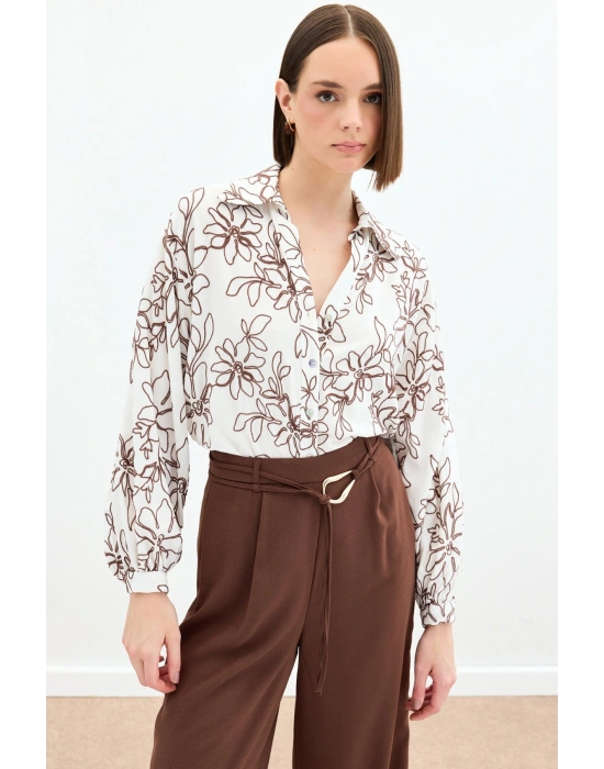 Çiçek Nakışlı Viskon Gömlek - Kahve