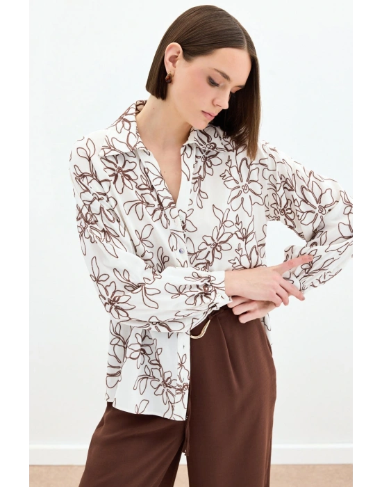 Çiçek Nakışlı Viskon Gömlek - Kahve