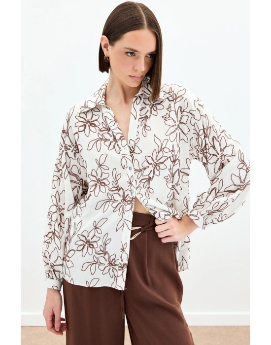 Çiçek Nakışlı Viskon Gömlek - Kahve