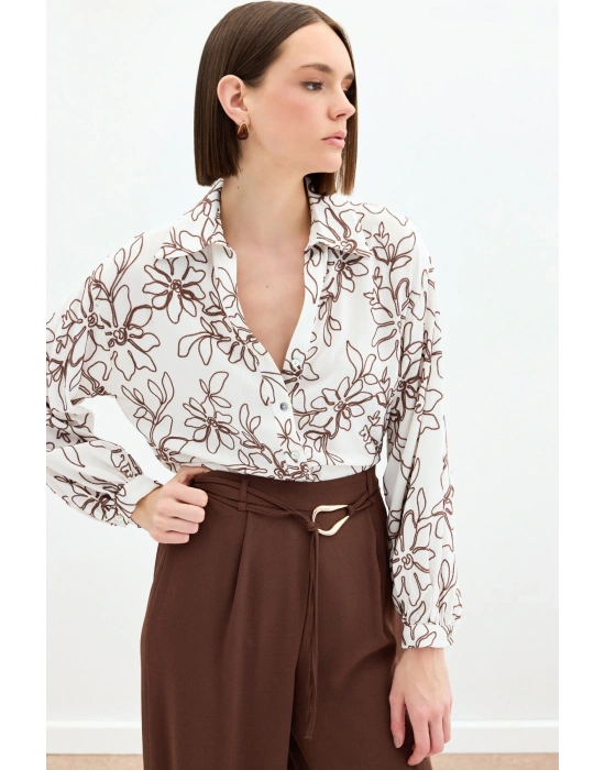 Çiçek Nakışlı Viskon Gömlek - Kahve