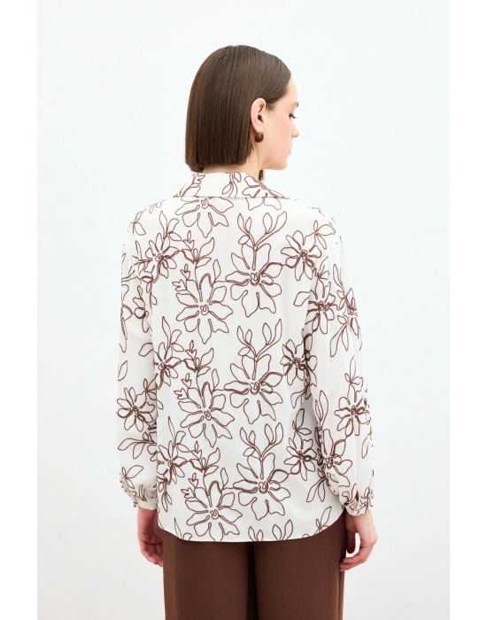 Çiçek Nakışlı Viskon Gömlek - Kahve