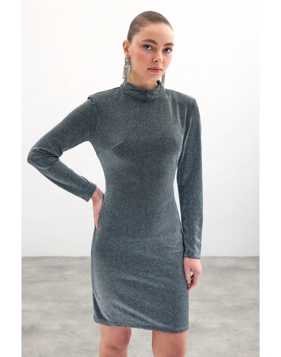 Parlak Kısa Elbise - Antrasit